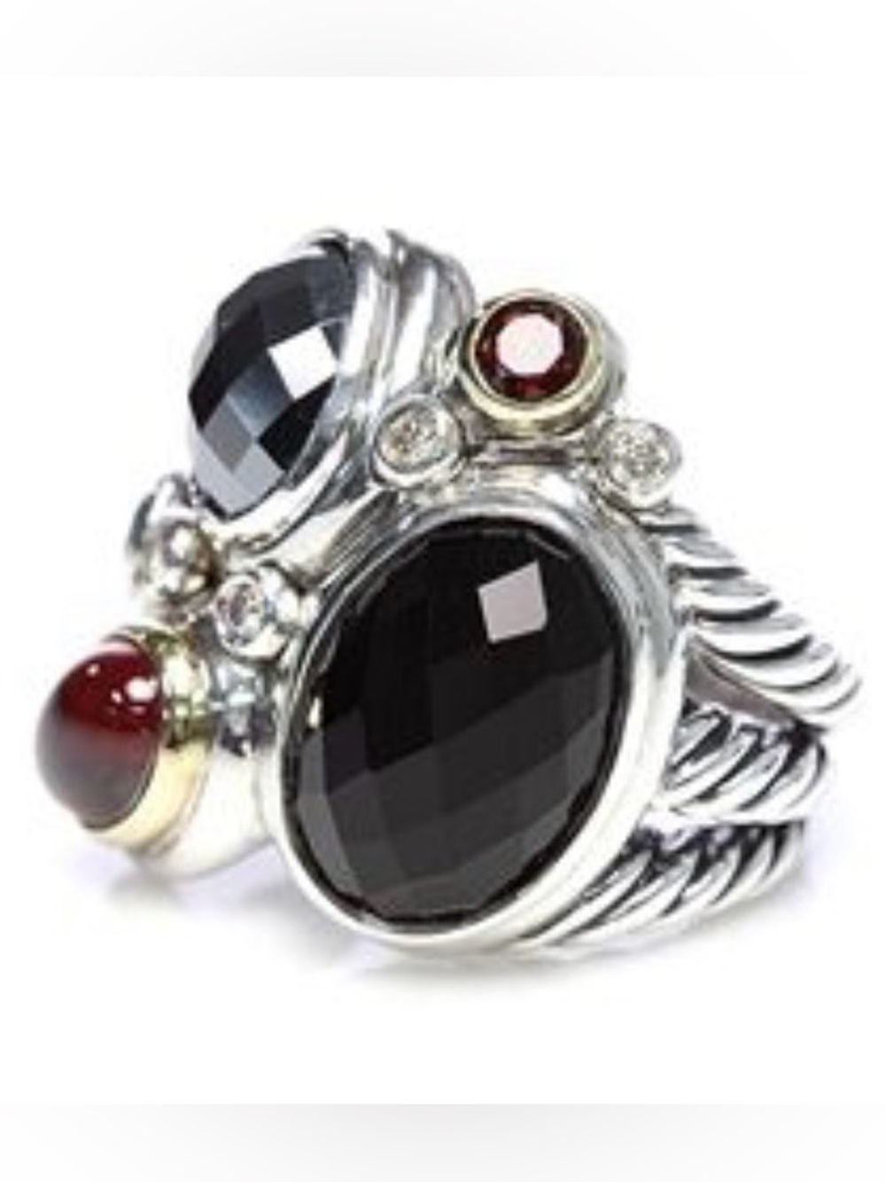 David Yurman Mosaic Black Onyx and Garnet Multi-Stone Statement Ring